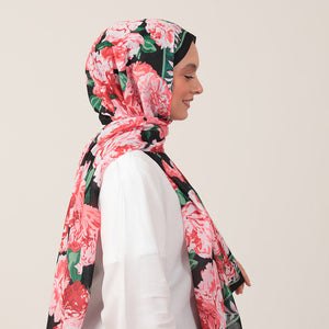 Pamuk İpek Şal - Floral Desen - Kırmızı