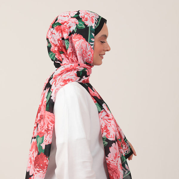 Pamuk İpek Şal - Floral Desen - Kırmızı