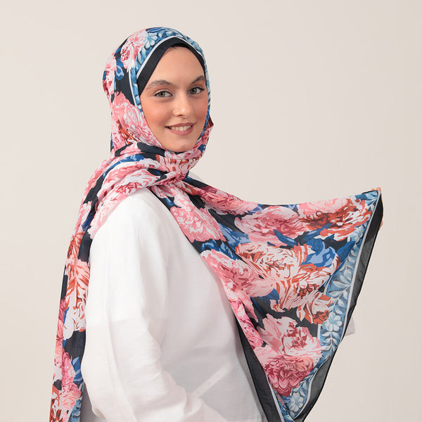 Pamuk İpek Şal - Floral Desen - Lacivert