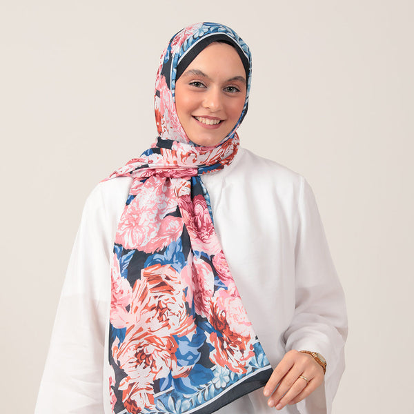 Pamuk İpek Şal - Floral Desen - Lacivert