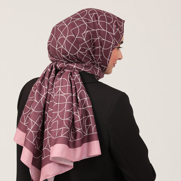 Pamuk İpek Şal - Geometrik Desen - Mürdüm