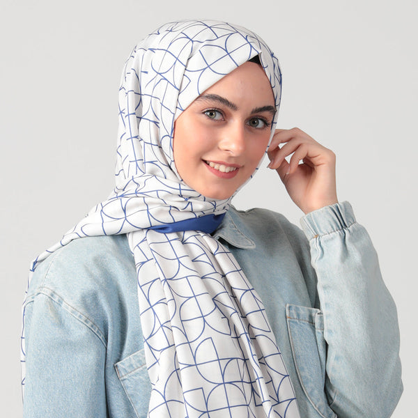 Pamuk İpek Şal - Geometrik Desen - Saks