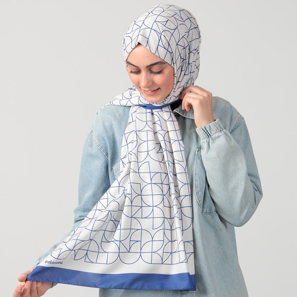 Pamuk İpek Şal - Geometrik Desen - Saks