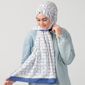 Pamuk İpek Şal - Geometrik Desen - Saks