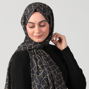 Pamuk İpek Şal - Geometrik Desen - Siyah Gold