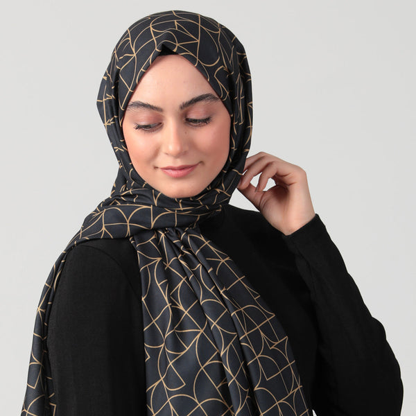 Pamuk İpek Şal - Geometrik Desen - Siyah Gold