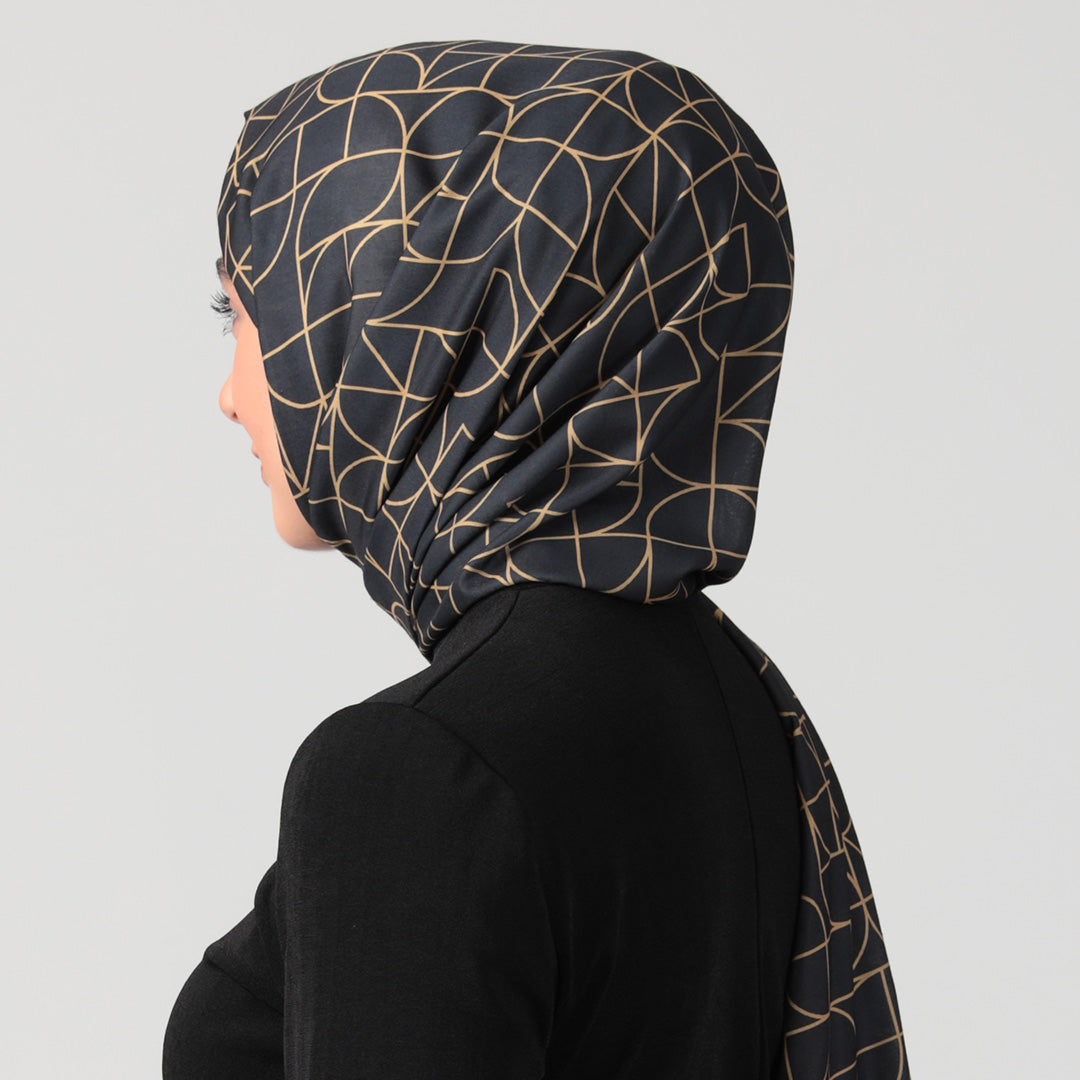 Pamuk İpek Şal - Geometrik Desen - Siyah Gold