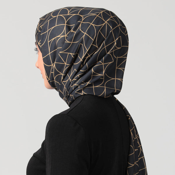 Pamuk İpek Şal - Geometrik Desen - Siyah Gold