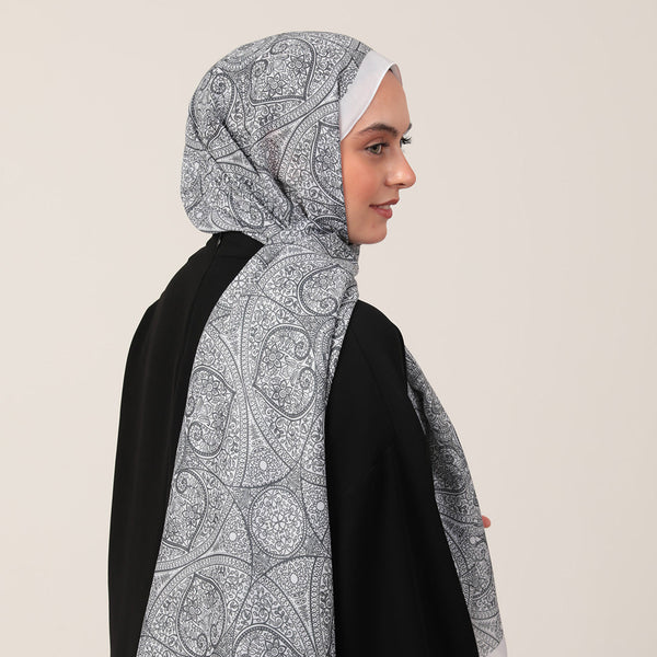 Pamuk İpek Şal - Henna Desen - Beyaz