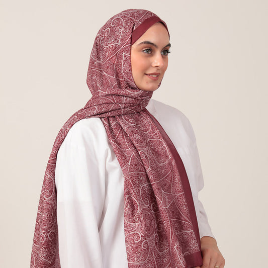 Pamuk İpek Şal - Henna Desen - Bordo