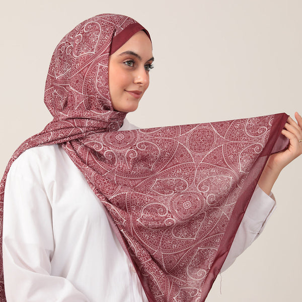 Pamuk İpek Şal - Henna Desen - Bordo