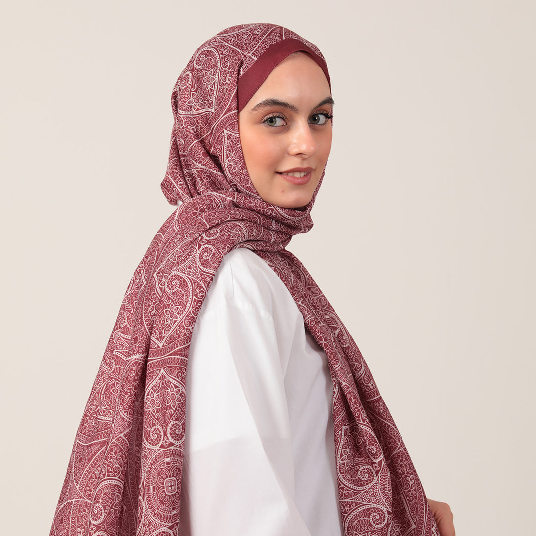Pamuk İpek Şal - Henna Desen - Bordo