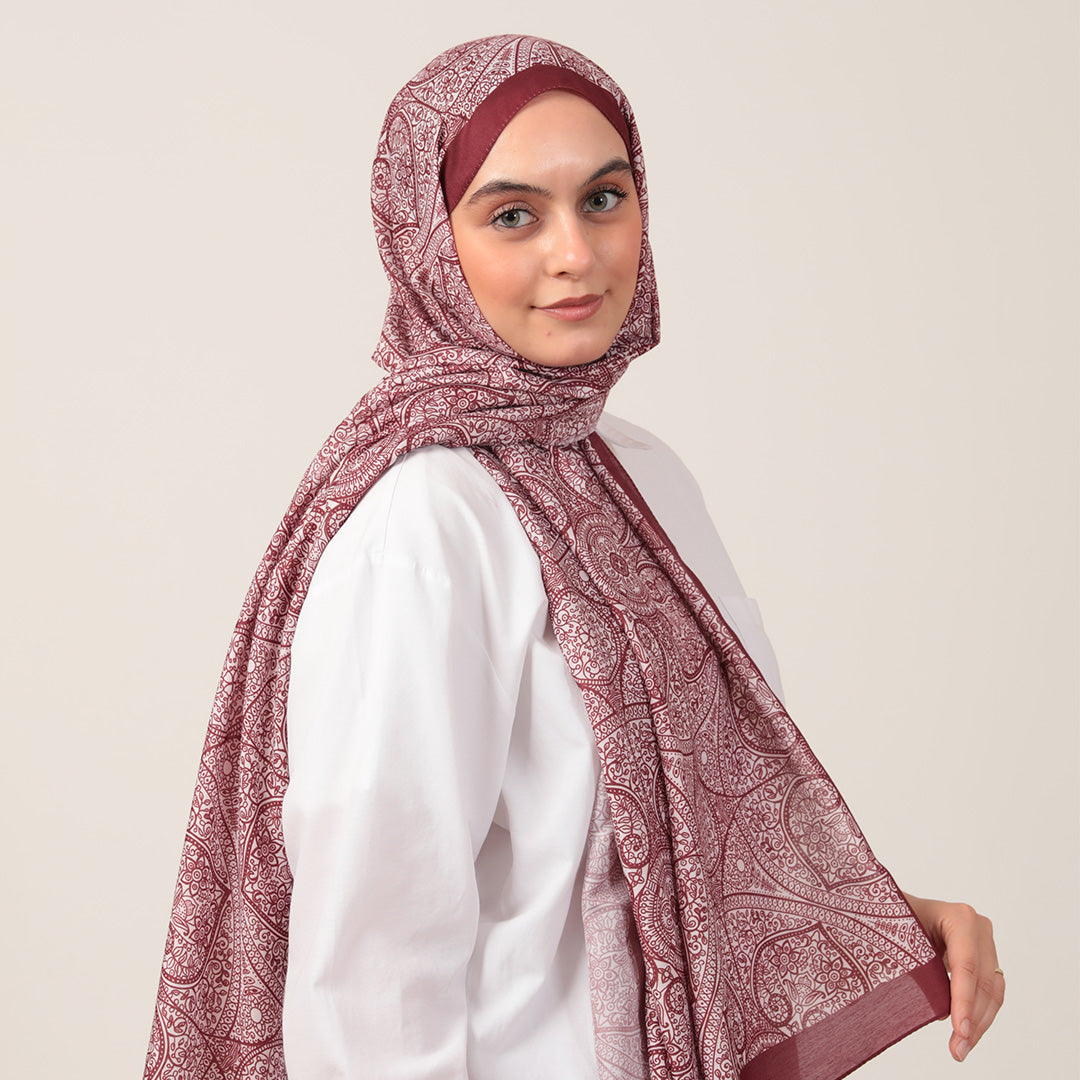 Pamuk İpek Şal - Henna Desen - Bordo Krem