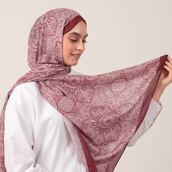 Pamuk İpek Şal - Henna Desen - Bordo Krem