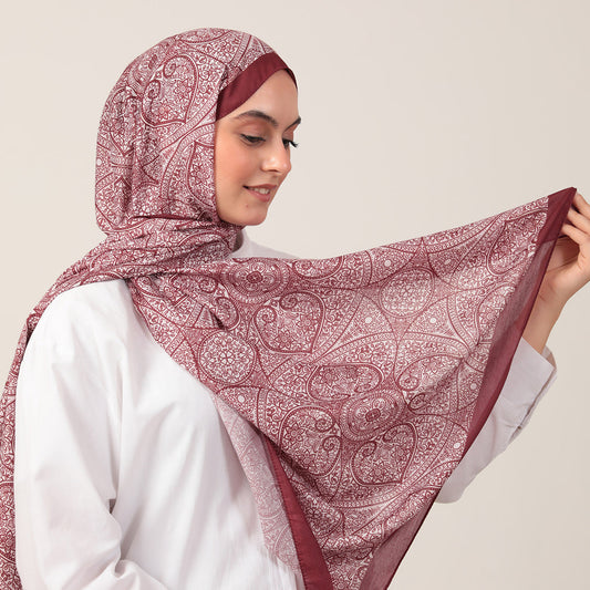 Pamuk İpek Şal - Henna Desen - Bordo Krem