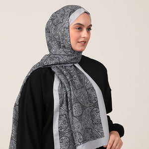 Pamuk İpek Şal - Henna Desen - Gri Siyah