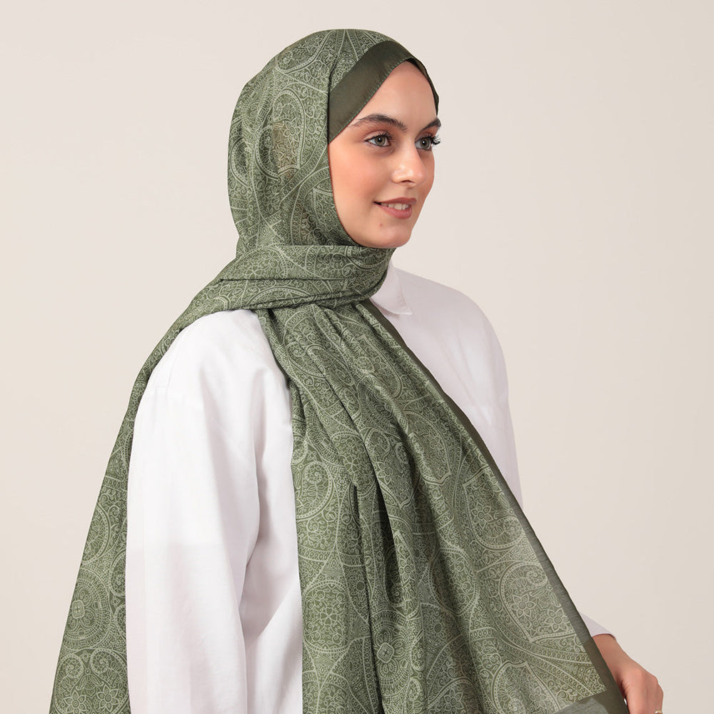 Pamuk İpek Şal - Henna Desen - Haki Yeşili