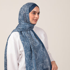 Pamuk İpek Şal - Henna Desen - İndigo