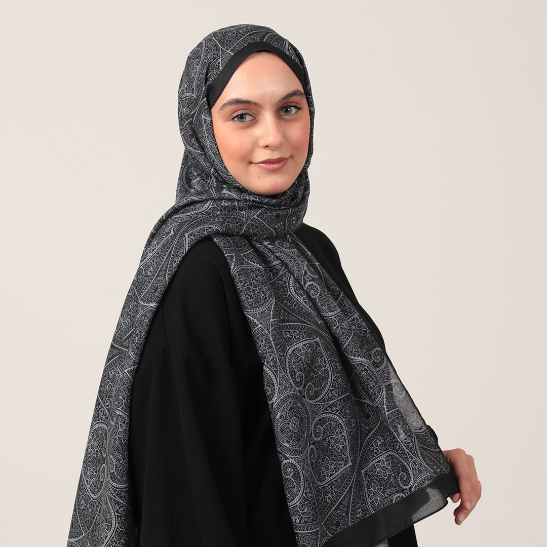 Pamuk İpek Şal - Henna Desen - Siyah
