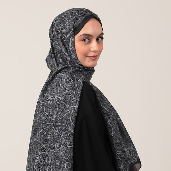Pamuk İpek Şal - Henna Desen - Siyah