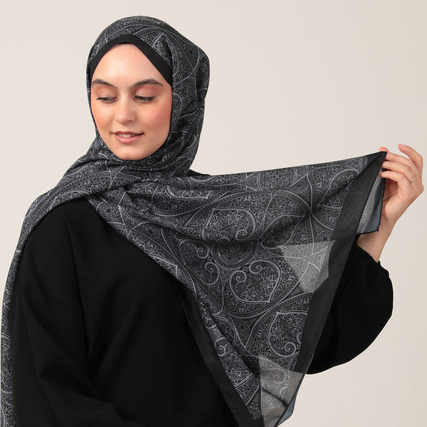 Pamuk İpek Şal - Henna Desen - Siyah