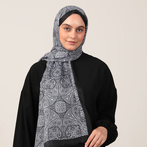 Pamuk İpek Şal - Henna Desen - Siyah Beyaz