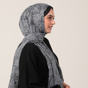 Pamuk İpek Şal - Henna Desen - Siyah Beyaz