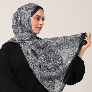 Pamuk İpek Şal - Henna Desen - Siyah Beyaz