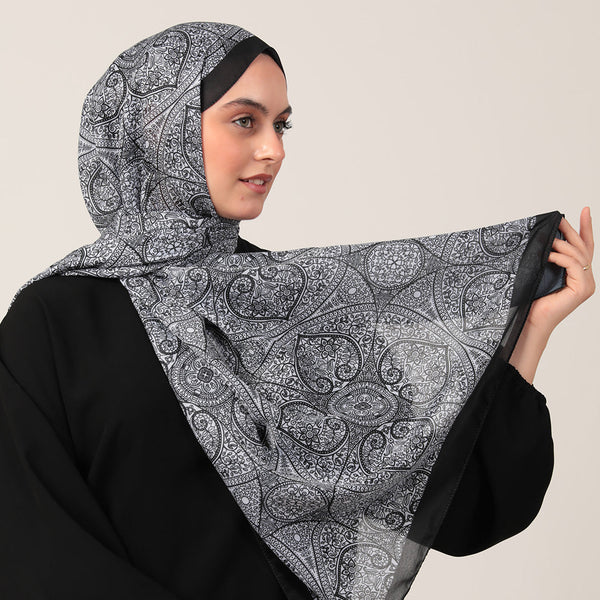 Pamuk İpek Şal - Henna Desen - Siyah Beyaz