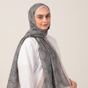 Pamuk İpek Şal - Henna Desen - Vizon Lacivert