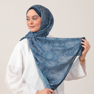Pamuk İpek Şal - Mandala Desen - İndigo
