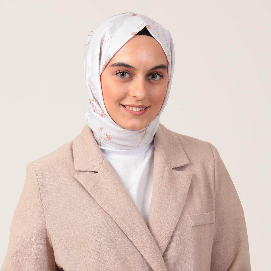 Pamuk İpek Şal - Manolya Desen - Beyaz Camel