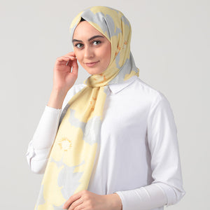 Pamuk İpek Şal - Manolya Desen - Sarı