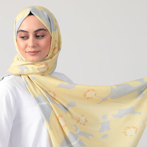 Pamuk İpek Şal - Manolya Desen - Sarı