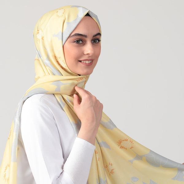 Pamuk İpek Şal - Manolya Desen - Sarı