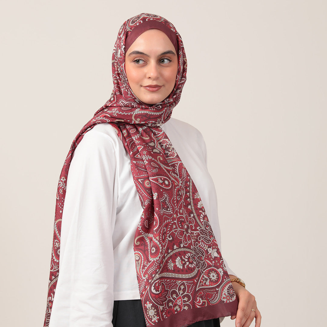 Pamuk İpek Şal - Marakeş Desen - Bordo