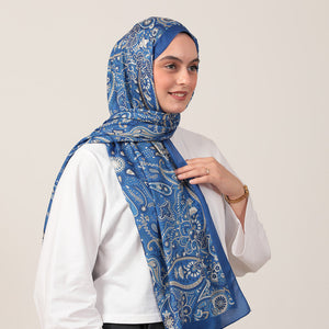 Pamuk İpek Şal - Marakeş Desen - Saks Mavisi