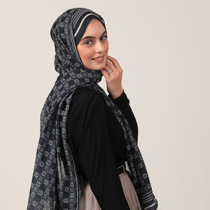 Pamuk İpek Şal - Monogram Desen - Lacivert Krem