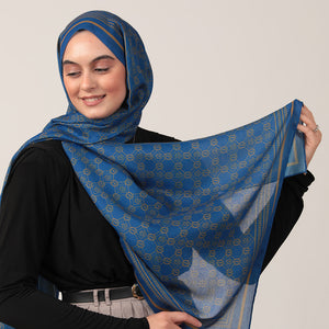 Pamuk İpek Şal - Monogram Desen - Okyanus Mavisi
