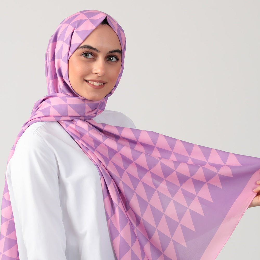 Pamuk İpek Şal - Üçgen Desen - Lila
