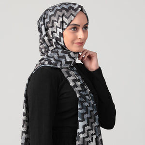 Pamuk İpek Şal - Zigzag Desen - Füme