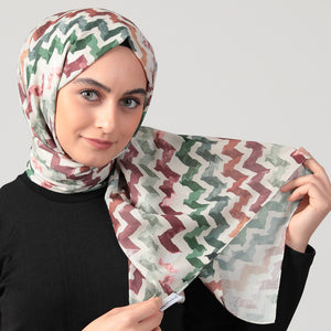 Pamuk İpek Şal - Zigzag Desen - Haki