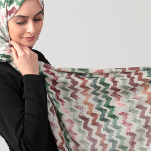 Pamuk İpek Şal - Zigzag Desen - Haki