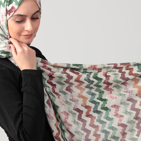 Pamuk İpek Şal - Zigzag Desen - Haki