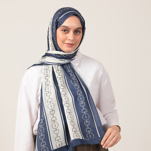 Pamuk İpek Şal - Zincir Desen - Lacivert