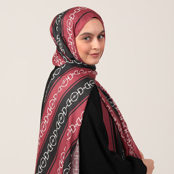 Pamuk İpek Şal - Zincir Desen - Siyah Bordo