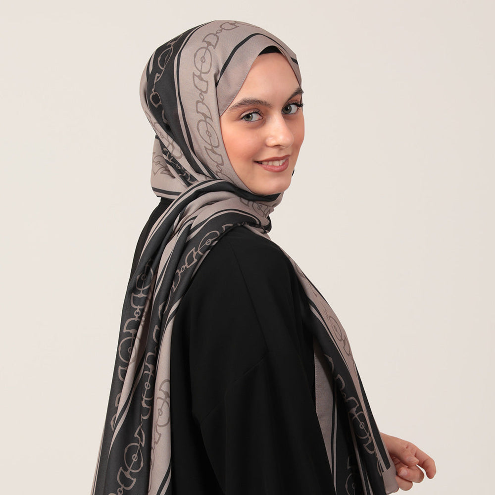 Pamuk İpek Şal - Zincir Desen - Siyah Vizon