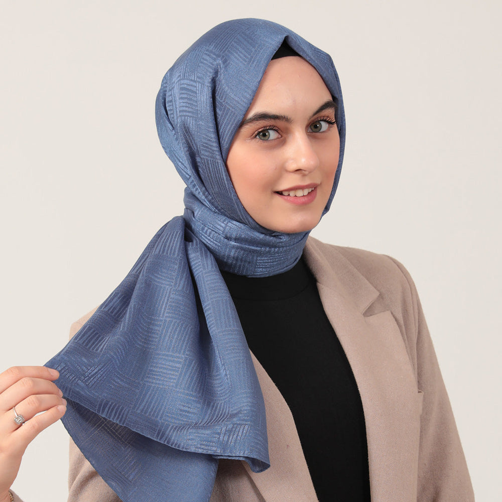 Pamuk Jakar Çizgi Desen Şal - İndigo