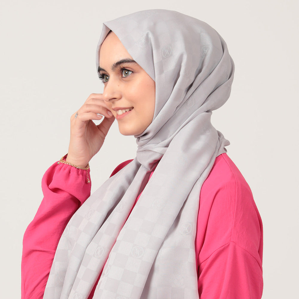 Pamuk Jakar Dama Desen Şal - Buz Beyazı