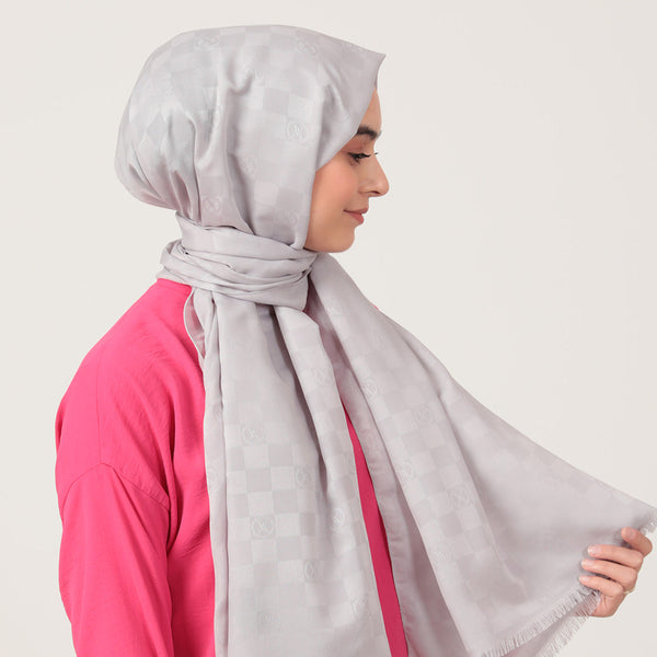 Pamuk Jakar Dama Desen Şal - Buz Beyazı